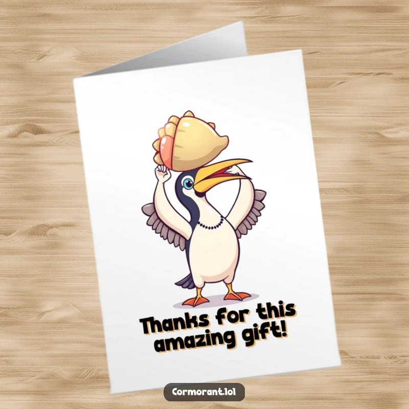 Funny Free Printable Cormorant Thank You Card: A cormorant victoriously presents a shiny shell, offering a proud thank you.