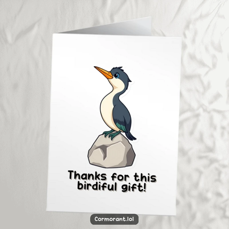 Funny Free Printable Thank You Card: Curious cormorant on a rock, extending neck in a thankful gesture.