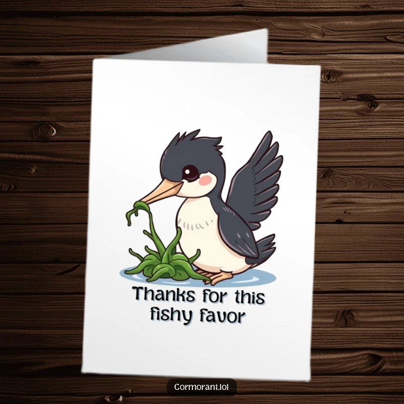Funny free printable thank you card featuring a kawaii cormorant bird nudging seaweed, expressing gratitude humorously.