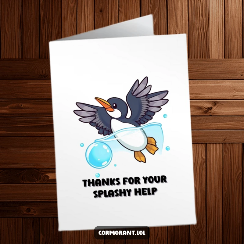 Funny Free Printable Thank You Card: A cormorant playfully dives into a sparkling blue bubble, conveying sincere thanks.