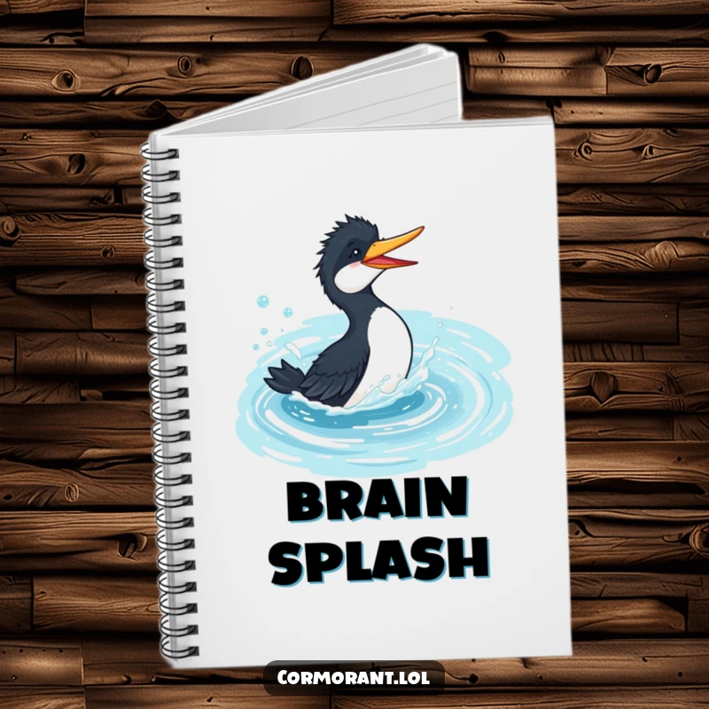 Funny cormorant notebook, playful bird splashing gleefully in a bubbly, azure pond, perfect for journaling and note-taking.