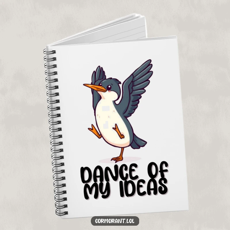 Funny kawaii cormorant notebook featuring a small, happy bird flapping its wings in a joyful dance, perfect for note-taking.