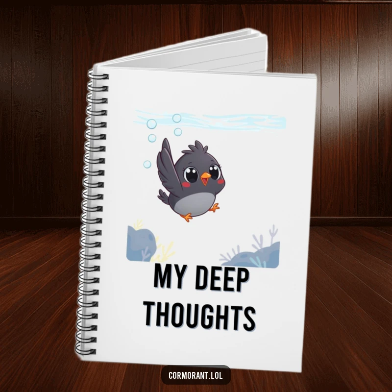 Funny notebook with a small, dark bird, big eyes wide, joyfully plunging underwater in a determined dive, perfect for journaling.