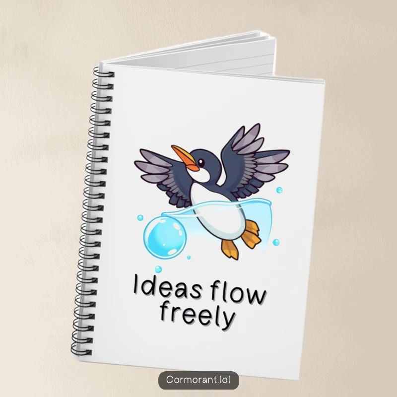 Funny cormorant notebook depicting a cormorant with wings spread wide, diving playfully into a sparkling blue bubble, ideal for journaling aquatic thoughts.