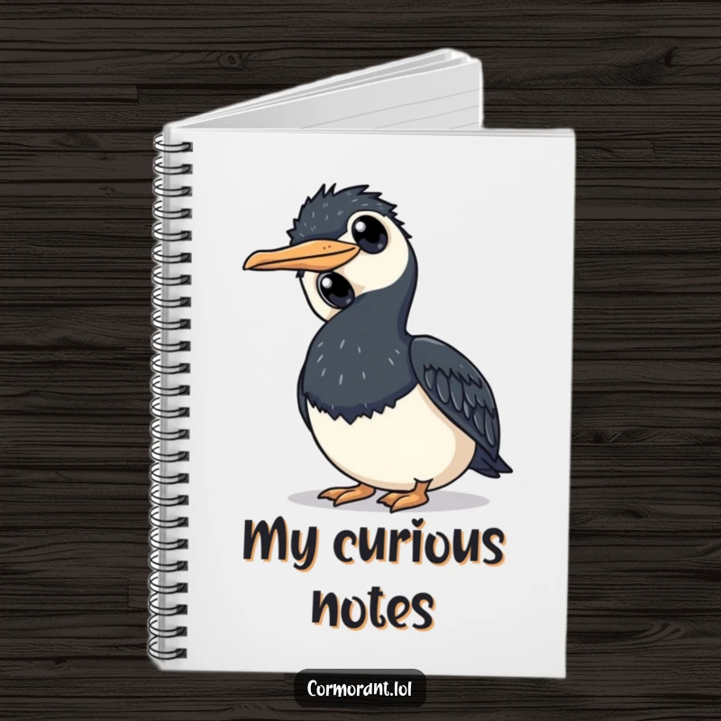 Funny cormorant notebook with a bird tilting its head curiously, designed for jotting notes and thoughtful ideas.