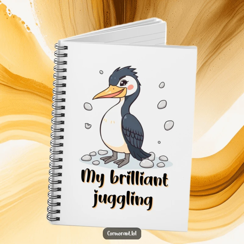 Funny cormorant notebook with a winking bird juggling pebbles, designed for jotting notes and creative ideas.