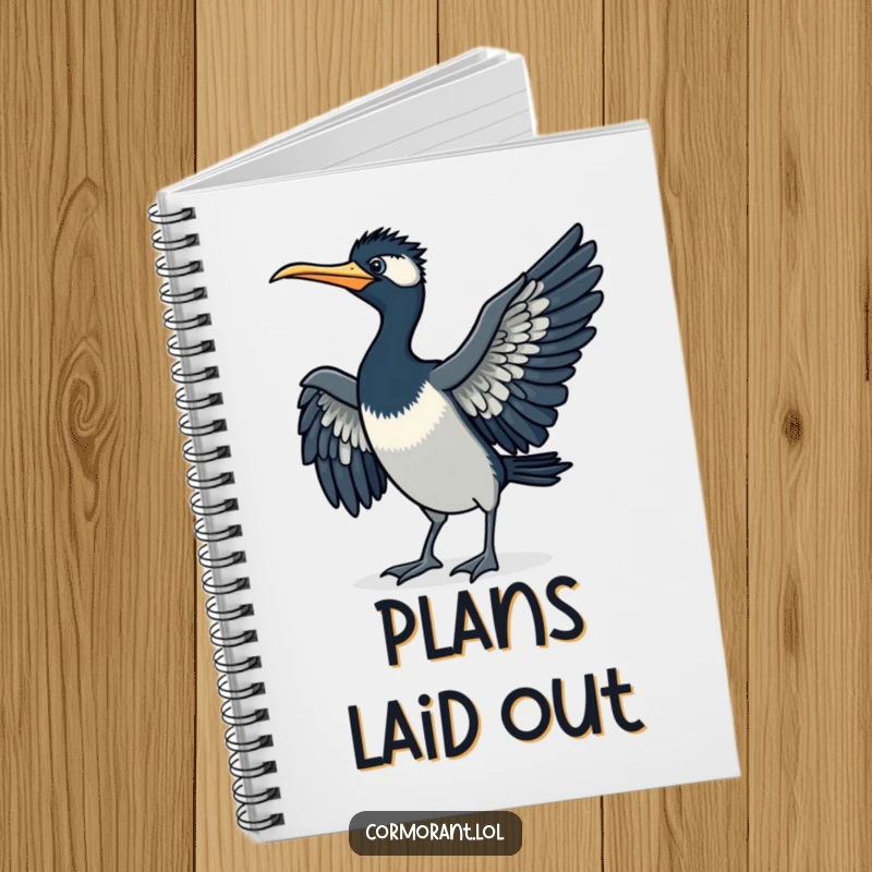 Funny cormorant notebook, doing a little strut, wings spread, encouraging confidence, a perfect funny gift.
