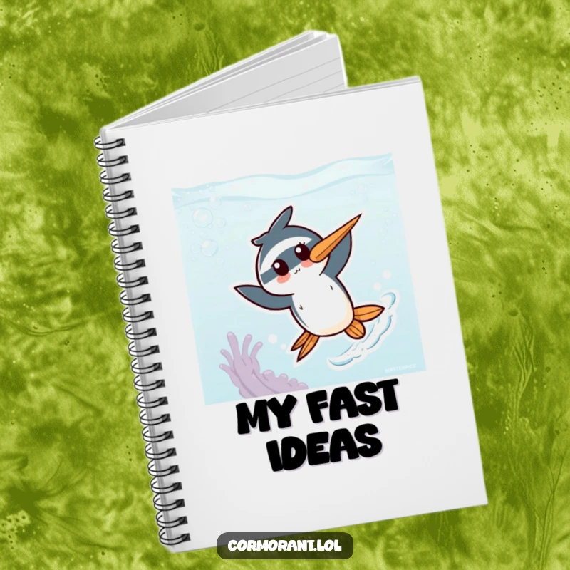 Funny Kawaii Cormorant Notebook: An adorable bird character energetically zipping through a whimsical underwater world, perfect for jotting down notes.