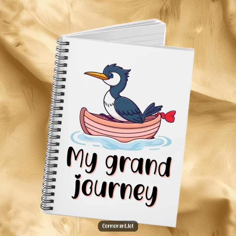 Funny Cormorant Notebook with a cormorant on a whimsical boat, perfect for jotting down creative ideas and travel plans with humor.