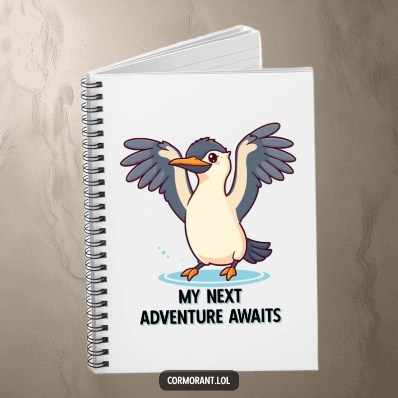 Funny cormorant notebook cover featuring a bird with wings spread, about to dive playfully, for capturing creative thoughts.