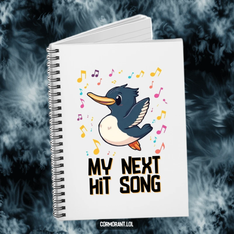 Funny cormorant notebook depicting a cormorant with a playful grin swimming through a cascade of colorful, floating musical notes, perfect for musical journaling.
