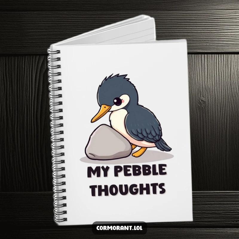 Funny kawaii cormorant peeking from a notebook cover, cute bird journal, writing accessory, fantastic funny gift.