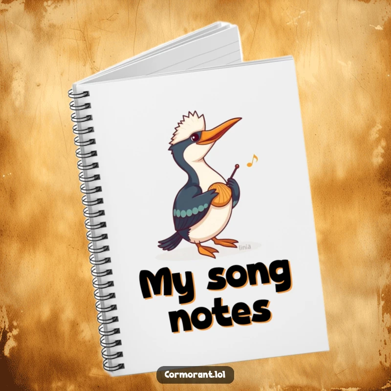 Funny Cormorant Notebook with a cormorant playing music on a seashell, perfect for jotting down musical ideas and notes with humor.