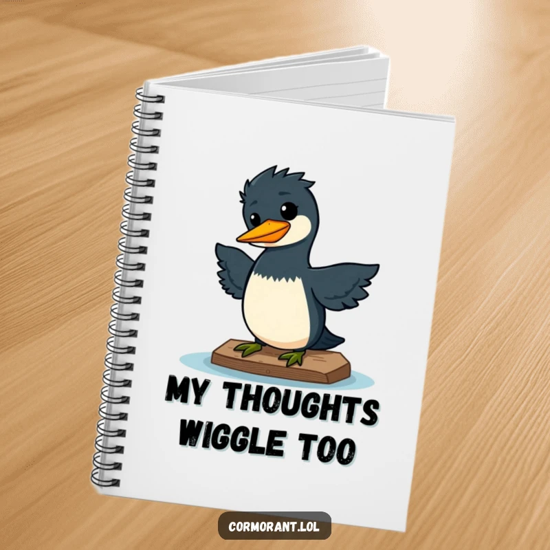 Funny notebook with a kawaii cormorant doing a silly wiggle on a dock, looking pleased, for journaling happy moments.