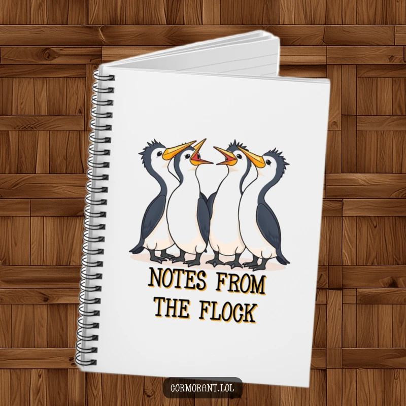 Funny Cormorant Notebook with a group of cute kawaii birds laughing together, ideal for notes, journaling, and spreading cheer.