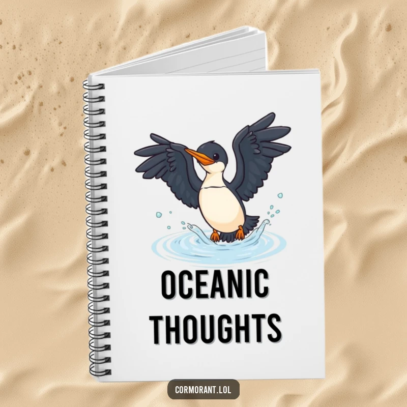 Funny cormorant notebook with a bird diving into water, designed for logging adventures and creative writing.