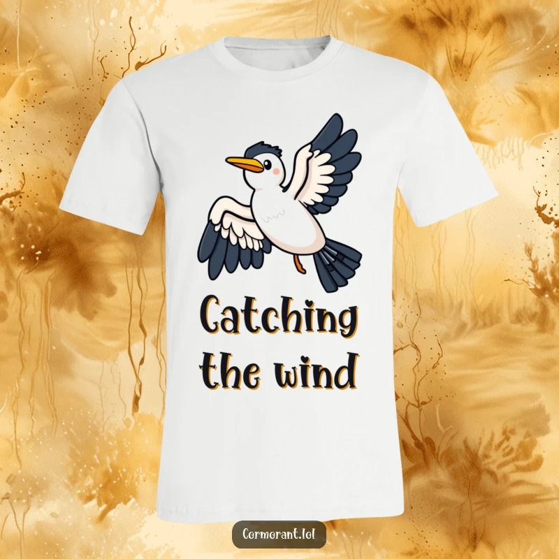Funny t-shirt depicting a kawaii cormorant with wings spread wide, joyfully gliding on a breeze, celebrating aerial bliss.