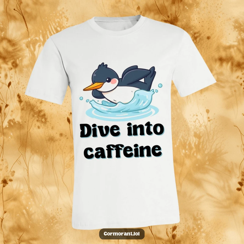 Funny kawaii cormorant t-shirt capturing a cheerful bird diving headfirst into water with a dynamic splash, embodying fun.