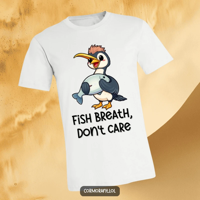 Funny kawaii cormorant t-shirt showing a happy bird holding a large, shiny fish, perfect for fishing enthusiasts.