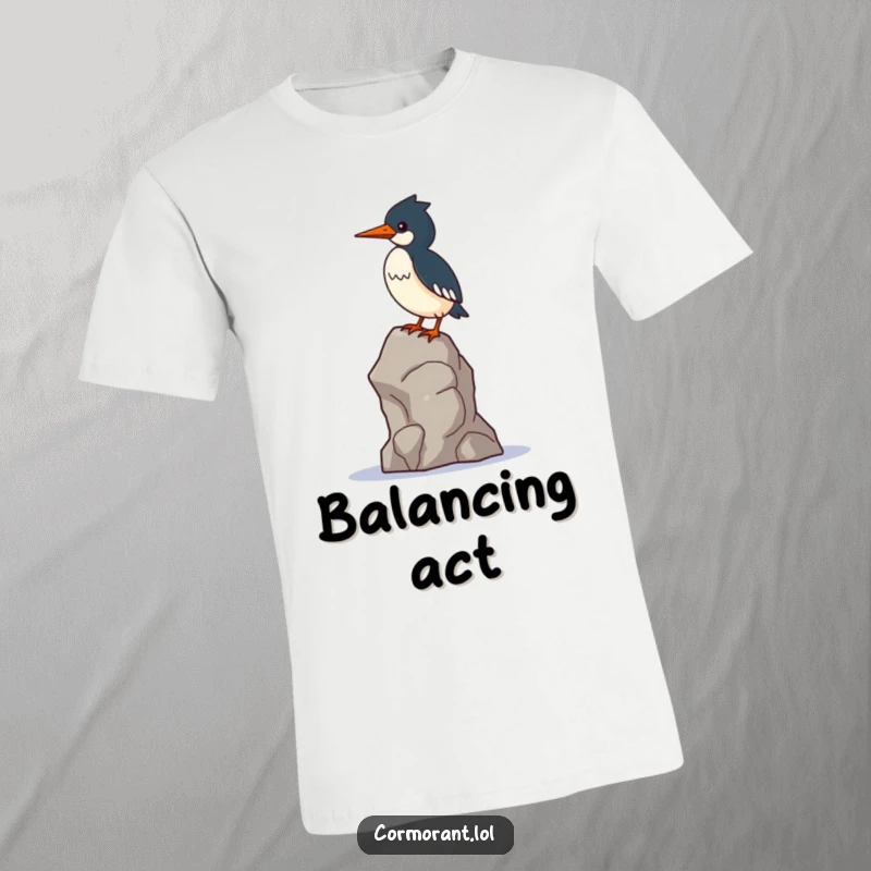 Funny Cormorant T-Shirt: A kawaii cormorant bird is shown precariously balancing on a single, unstable and wobbly rock.