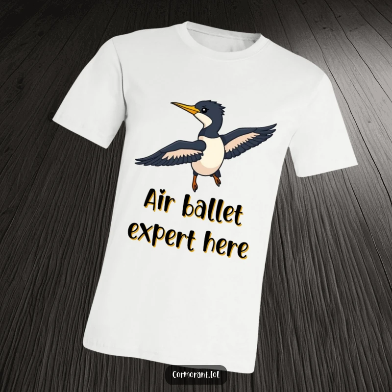 Funny Cormorant T-Shirt depicting a sleek silhouette gliding gracefully through the air, a must-have for bird lovers.