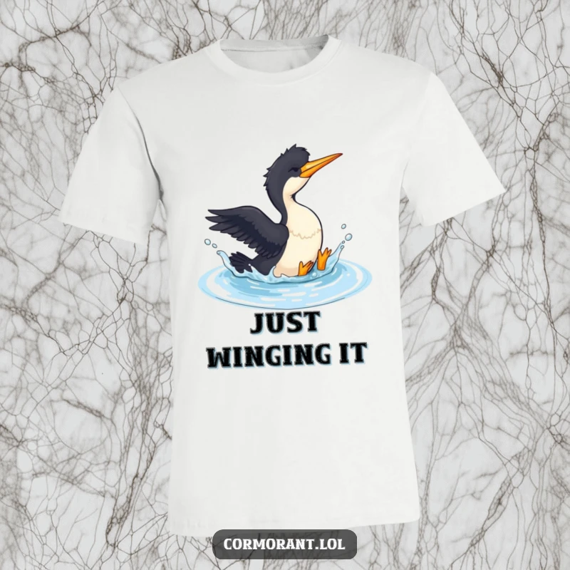 Funny Cormorant T-Shirt: A cormorant is playfully splashing in a small pool of water, enjoying a refreshing moment.