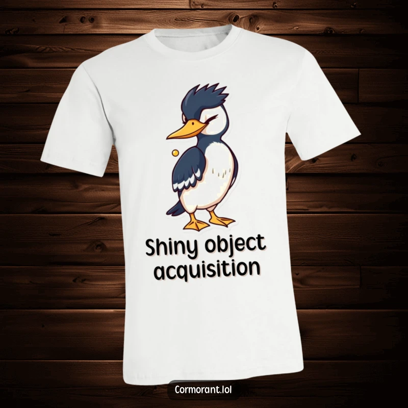 Funny Cormorant T-Shirt: A cormorant winks slyly, holding a glittering object, conveying a humorous sense of cleverness and mischief.