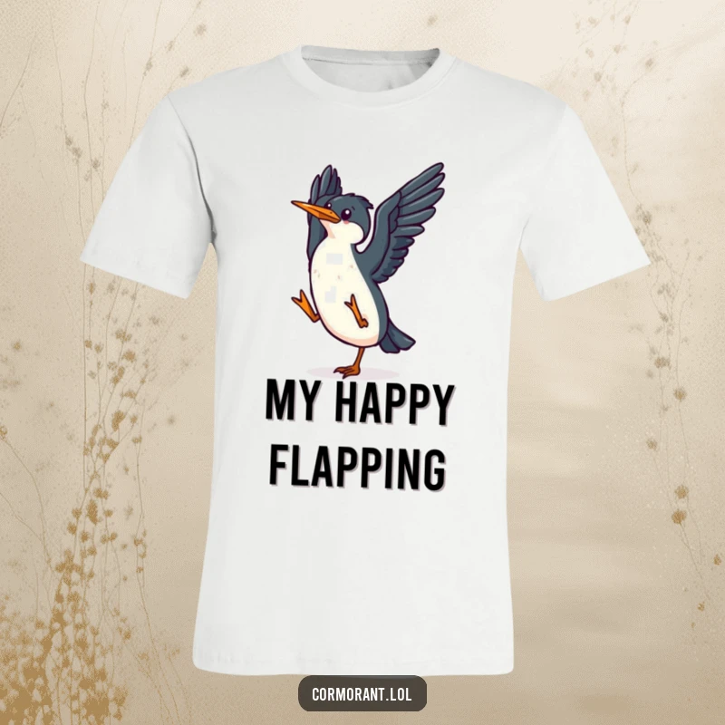 Funny kawaii cormorant t-shirt depicting a small, happy bird flapping its wings in a joyful dance, conveying pure glee.