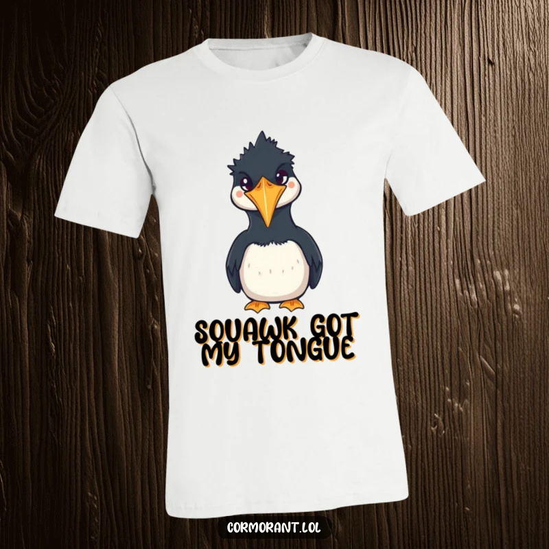 Funny Cormorant T-Shirt with a cute, squawking kawaii bird making a comical face, ideal for casual wear and humor.
