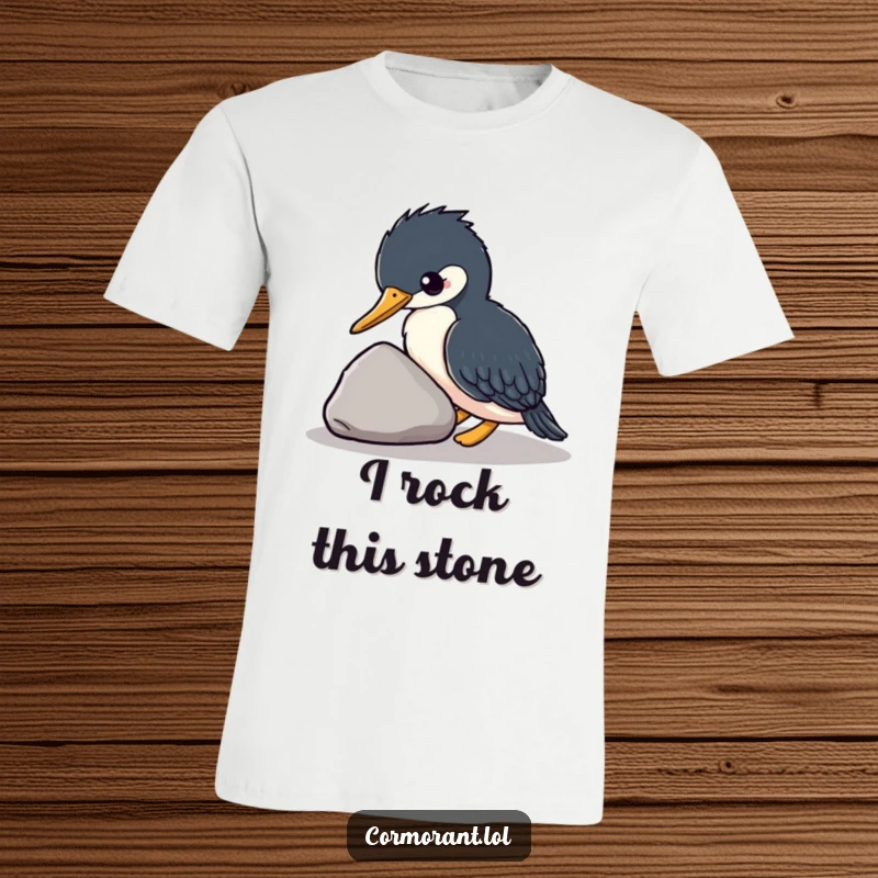 Funny kawaii cormorant artistically nudging a smooth stone with its beak, unique bird graphic tee, great funny gift.