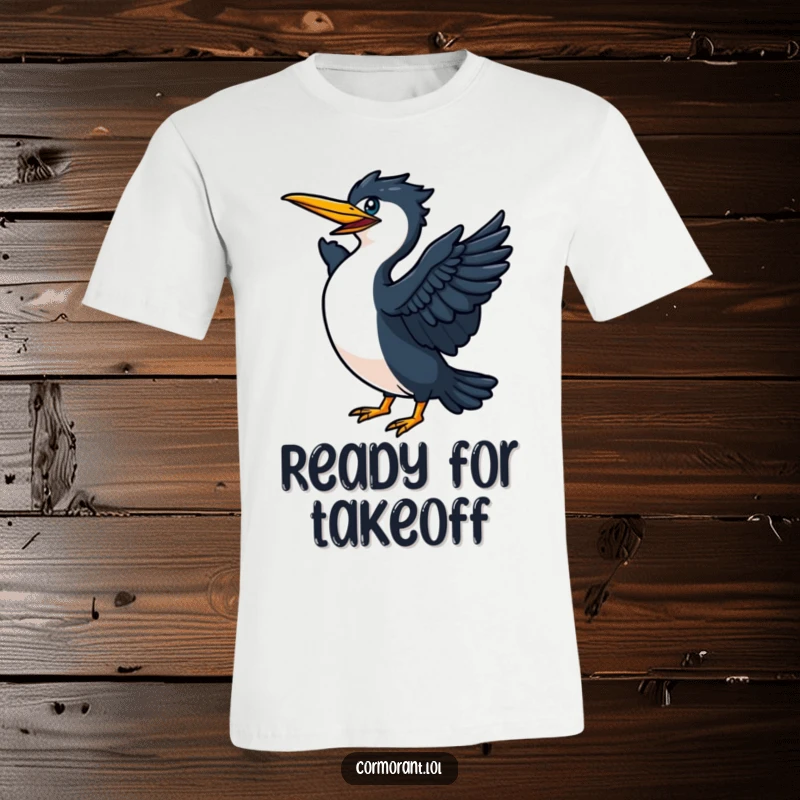 Funny Cormorant captured mid-flap on a t-shirt, wings spread wide, ready for an energetic takeoff and exciting journeys.