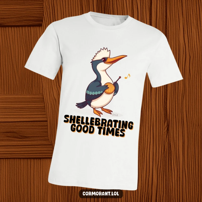 Funny Cormorant T-Shirt featuring a cormorant playing a cheerful tune on a seashell, embodying musical joy and avian charm.