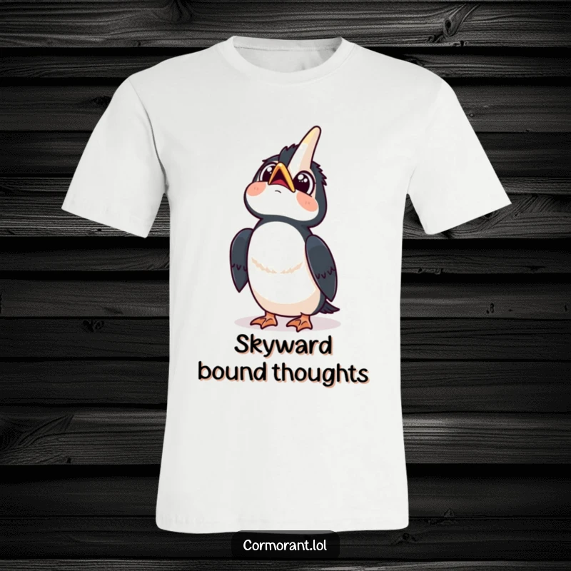 Funny t-shirt depicting a kawaii cormorant gazing skyward with wide, curious eyes and a happy head tilt, embodying curiosity.