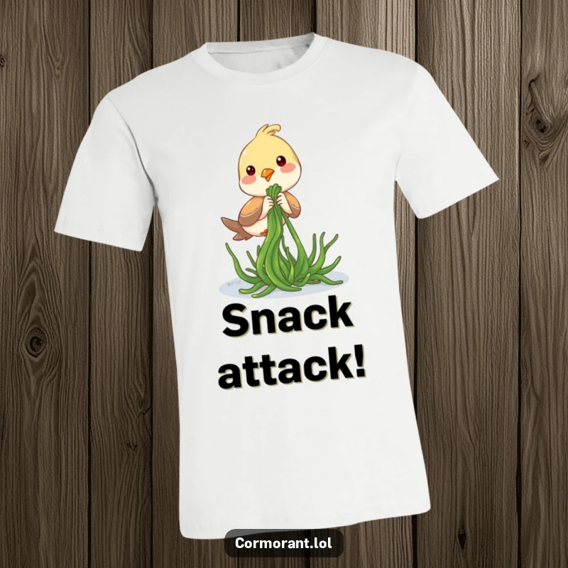 Funny T-Shirt: A bird playfully tugging on a piece of seaweed, captured in a moment of coastal fun.