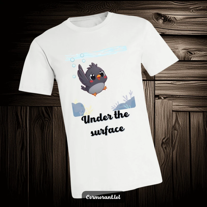 Funny t-shirt with a small, dark bird, big eyes wide, joyfully plunging underwater in a determined dive.