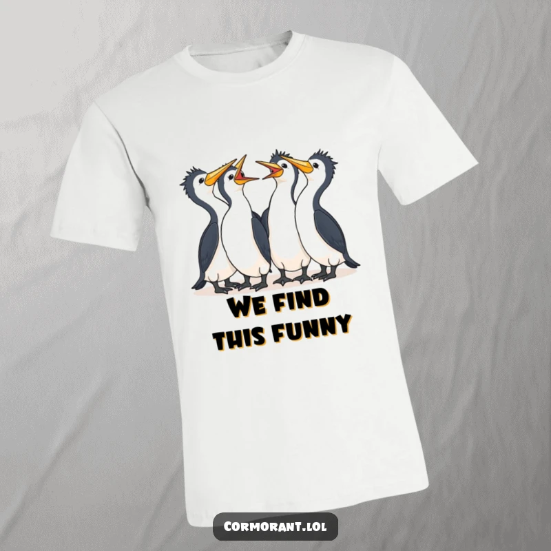 Funny Cormorant T-Shirt with a group of cute kawaii birds huddled together, enjoying a communal laugh, perfect for friends.