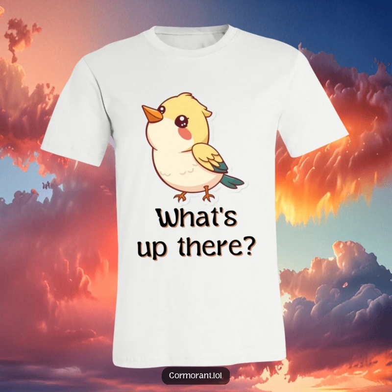 Funny T-Shirt: A bird with a curious, happy expression gazing upwards at the vast sky.