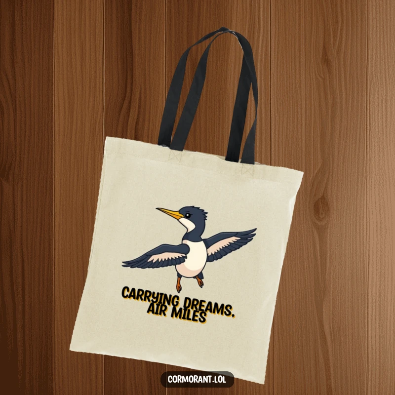 Funny Cormorant Tote Bag featuring a sleek silhouette gliding through the air, a stylish and practical gift for bird enthusiasts.