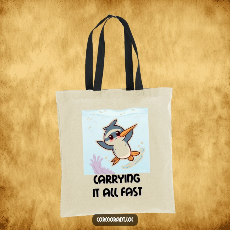 Funny Kawaii Cormorant Tote Bag: An adorable bird character zipping through colorful underwater elements, ideal for carrying daily essentials with flair.