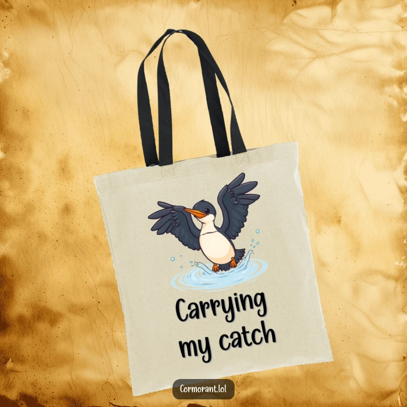 Funny cormorant tote bag with a bird diving into water, perfect for beachgoers and bird lovers.