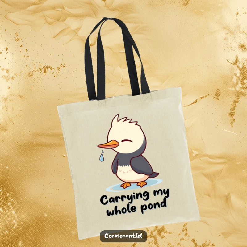 Funny Cormorant Tote Bag: Cute kawaii bird winking playfully, a tiny water droplet, stylish funny gift.