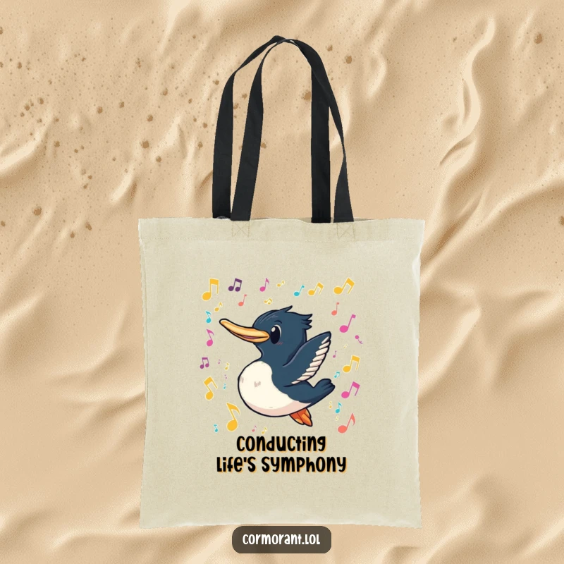 Funny cormorant tote bag depicting a cormorant with a playful grin swimming through a cascade of colorful, floating musical notes, ideal for carrying music gear.