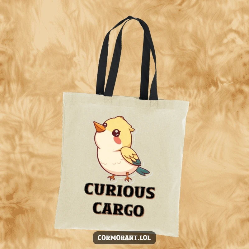 Funny Tote Bag: A bird with a curious, happy expression looking up at the sky, perfect for everyday wonder.