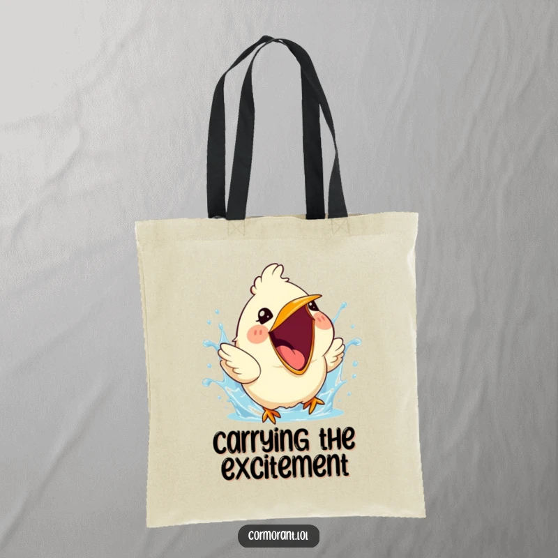 Funny tote bag showing a cute bird with its beak wide open, mid-splash, radiating happiness.