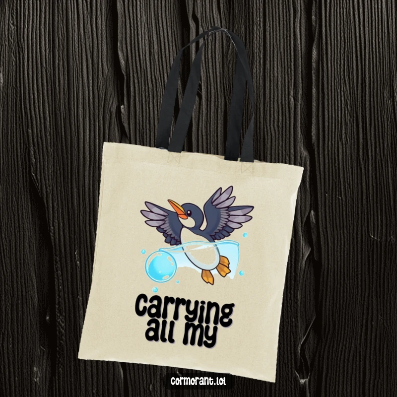 Funny cormorant tote bag depicting a cormorant with wings spread wide, diving playfully into a sparkling blue bubble, ideal for carrying daily items.