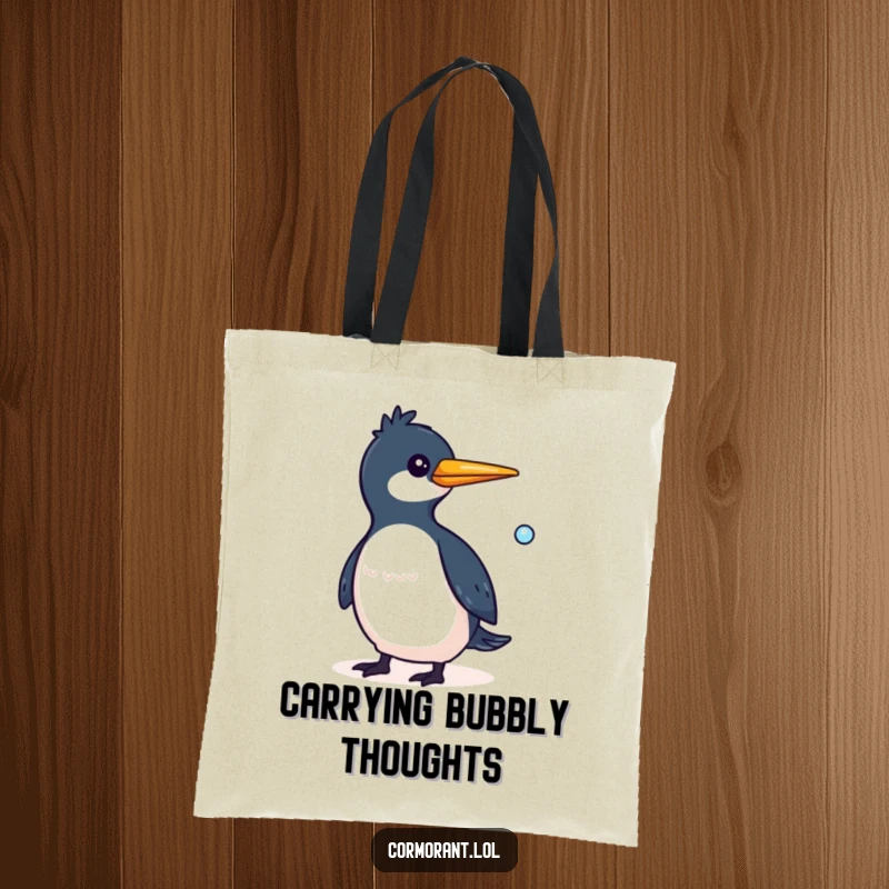 Funny Cormorant Tote Bag depicting a whimsical bird with a small bubble trailing behind it, a cute and practical accessory.
