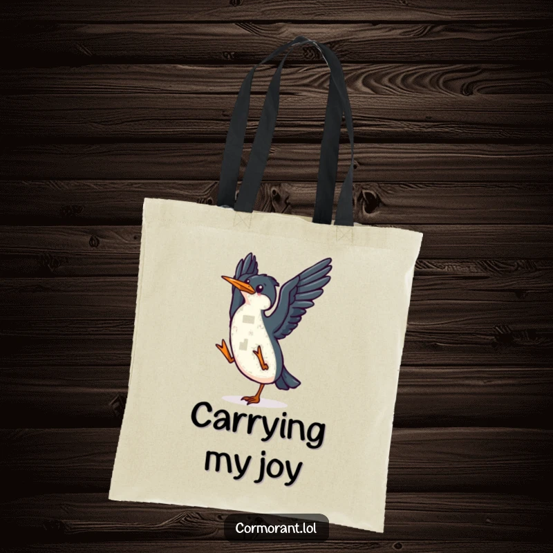 Funny kawaii cormorant tote bag with a small, happy bird flapping its wings in a joyful dance, great for daily use.