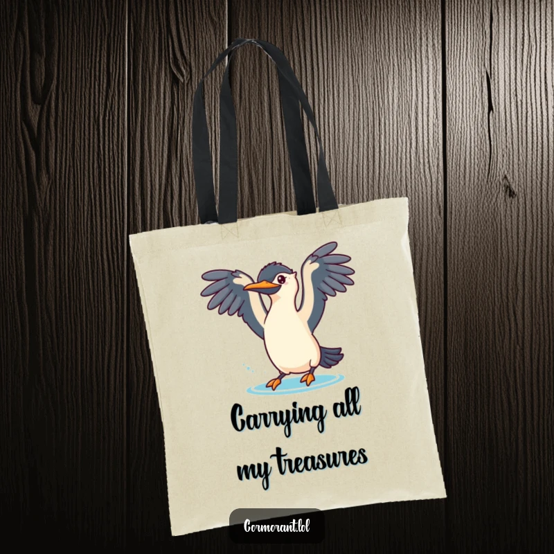 Funny cormorant tote bag featuring a bird with wings spread, about to dive playfully, perfect for carrying books or gear.