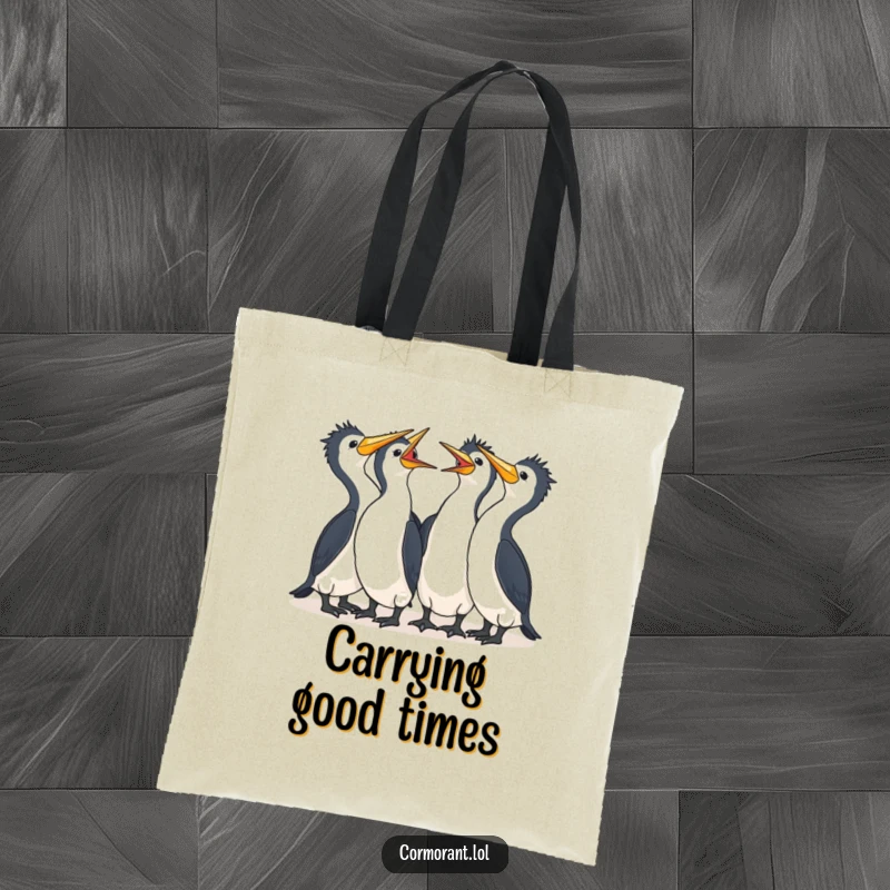 Funny Cormorant Tote Bag showcasing a group of happy kawaii birds laughing together, great for shopping and spreading cheer.