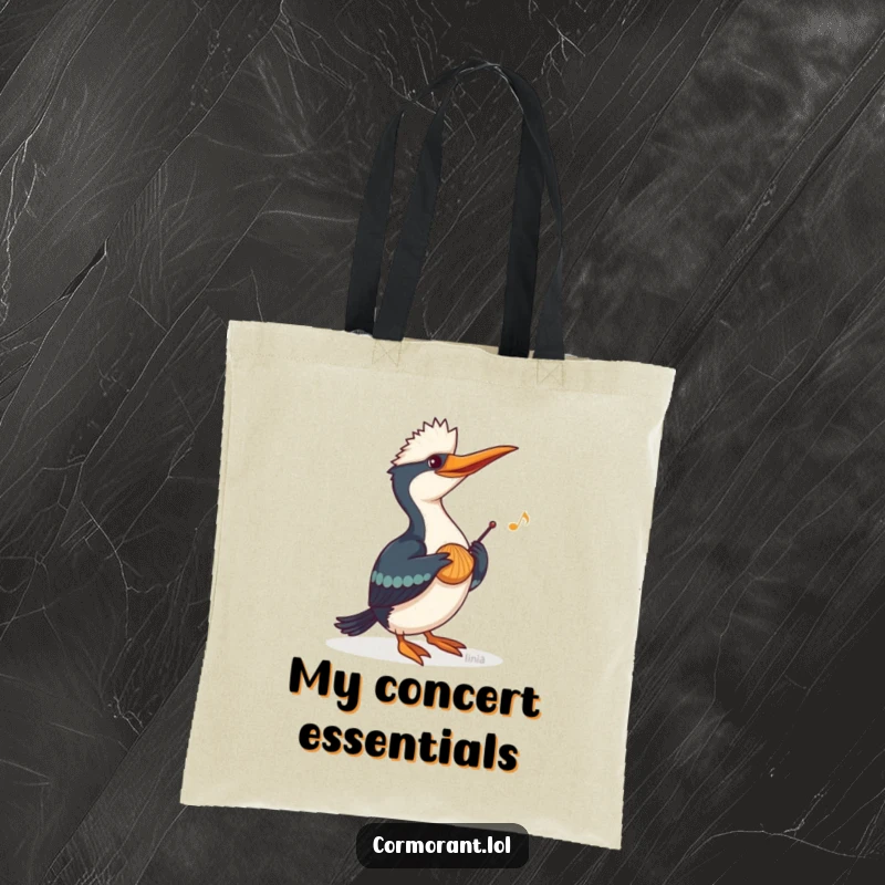 Funny Cormorant Tote Bag with a cormorant playing music on a seashell, perfect for carrying items with a musical, humorous theme.